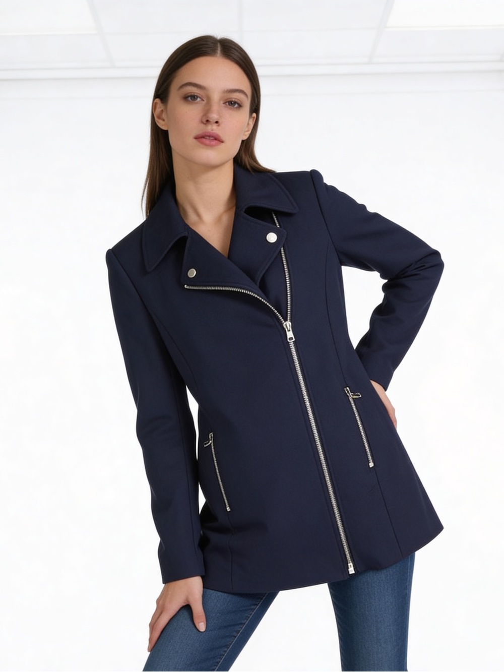 Carmen Marc Valvo Navy Blue Moto Coat Sz L